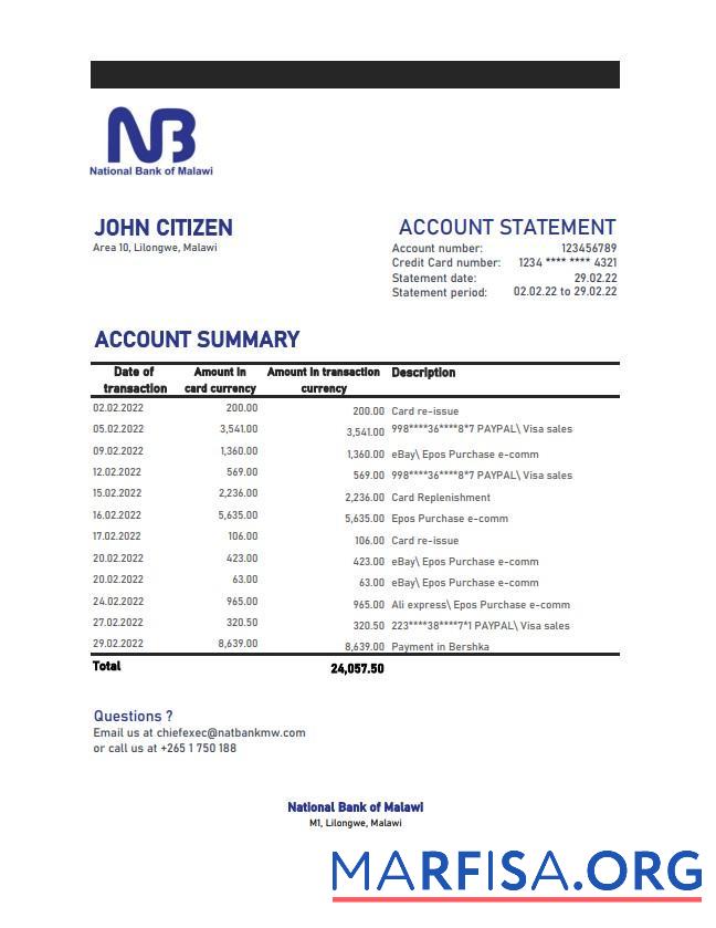 Downloadable Malawi National Bank of Malawi statement excel download for verification